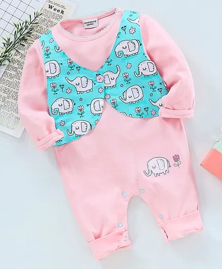 Wonderchild Full Sleeves Elephant Print Romper - Pink