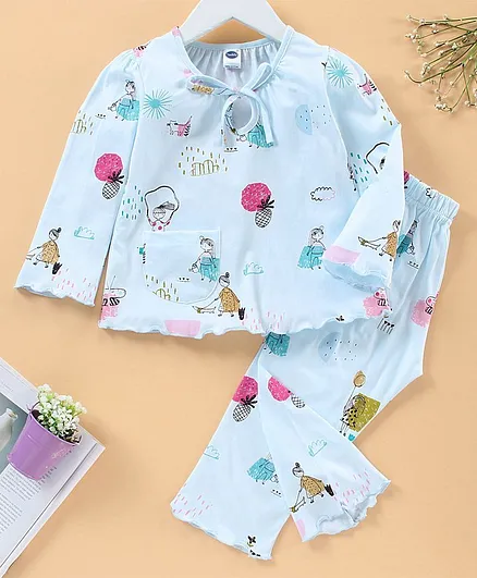 Teddy Full Sleeves Night Suit Puppy Print - Blue