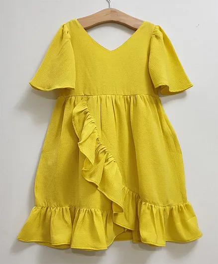 My Pink Closet Half Sleeves Ruffle Style Solid Dress - Yellow