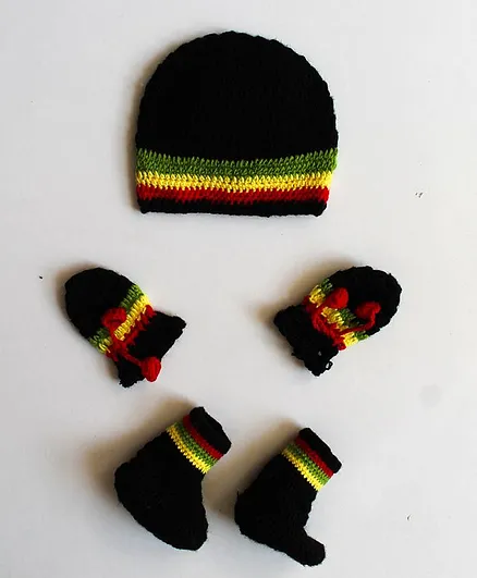 Woonie Handmade Cap With Mitten And Booties Set - Black