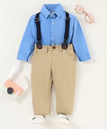 Brats And Dolls Full Sleeves Party Suit with Suspender Solid Color - Cream Blue