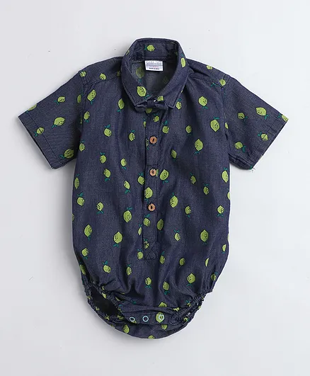 Polka Tots Half Sleeves All Over Guava Printed Onesie With Bow Tie - Blue