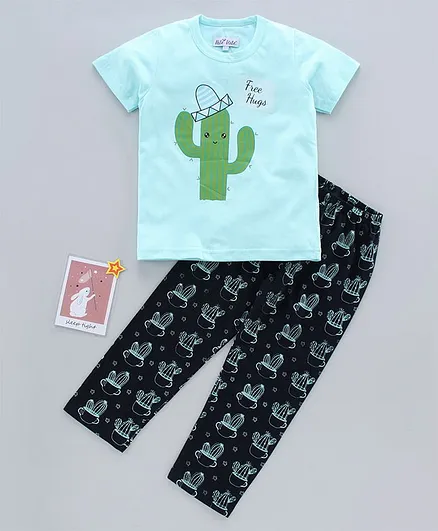 Nite Flite Half Sleeves Cactus Printed Night Suit - Light Blue
