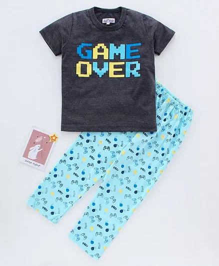 Nite Flite Half Sleeves Game Over Printed Night Suit - Grey & Blue