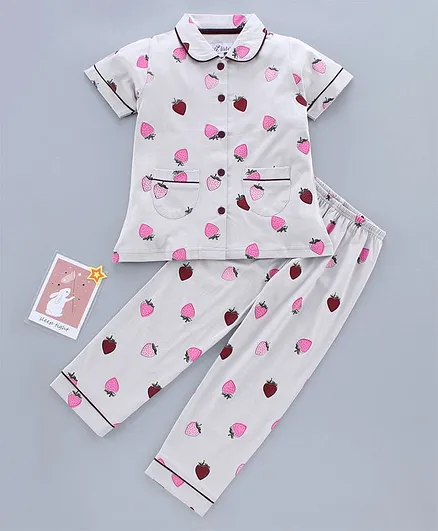 Nite Flite Half Sleeves Strawberry Printed Night Suit - Light Grey