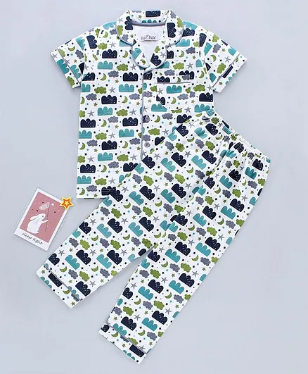 Nite Flite Half Sleeves All Over Clouds & Stars Printed Night Suit - Off White
