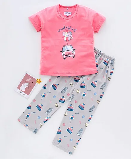 Nite Flite Half Sleeves Wanderlust Printed Night Suit - Pink