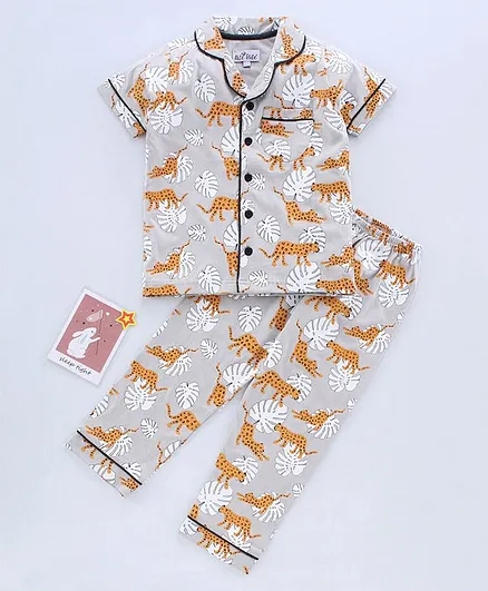 Nite Flite Half Sleeves Cheetah Printed Night Suit - Grey