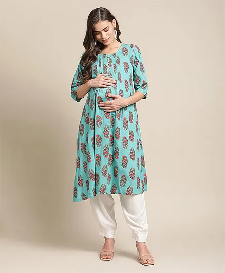 Bella Mama 3/4th Sleeves Maternity Ethnic Kurta - Aqua