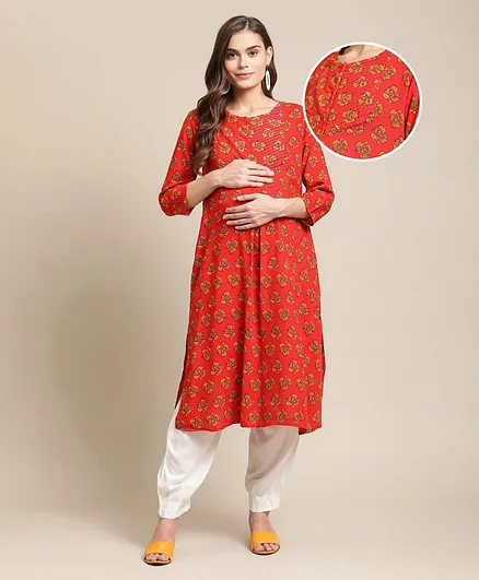 Bella Mama 3/4th Sleeves Maternity Ethnic Kurta - Red