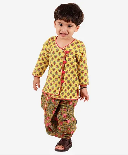 KID1 Full Sleeves Floral Block Print Kurta & Dhoti Set - Yellow