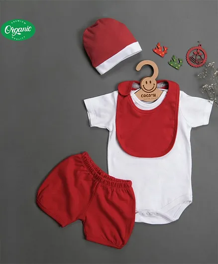 COCOON ORGANICS 100% Organic Cotton Half Sleeves Solid Onesie With Shorts Bib & Cap - Red White