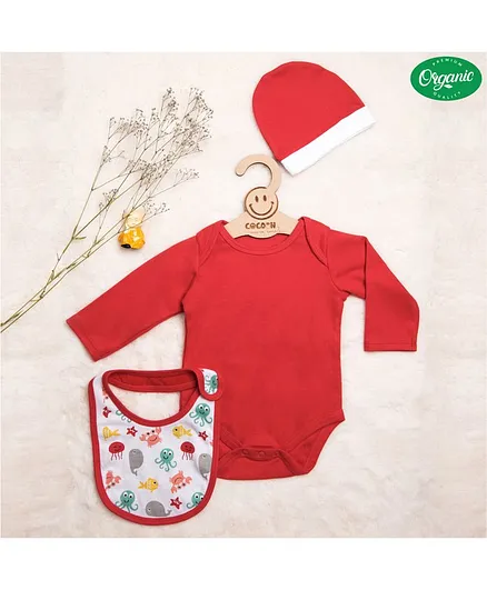 COCOON ORGANICS 100% Organic Cotton Full Sleeve Onesie With Bib Sea Animal Print & Cap Set - Red