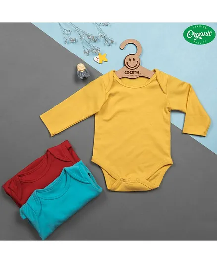 COCOON ORGANICS 100% Organic Cotton Full Sleeves Solid Onesie Pack Of 3 - Yellow Red Blue