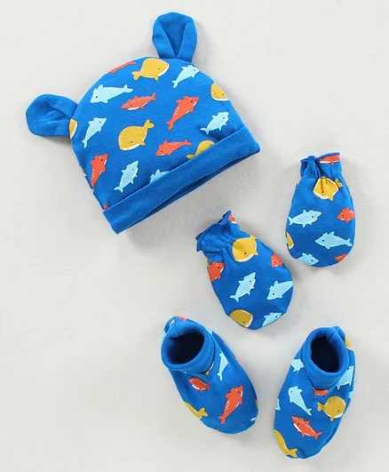 Babyhug 100% Cotton Cap Mitten & Booties Set Blue - Diameter 11 cm