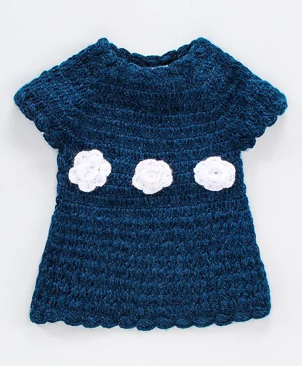 Richhandknits Cap Sleeves Woolen Handknitted Dress - Deep Blue