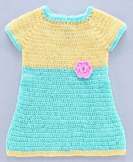 Richhandknits Half Sleeves Handknitted Woollen Dress Floral Applique - Green
