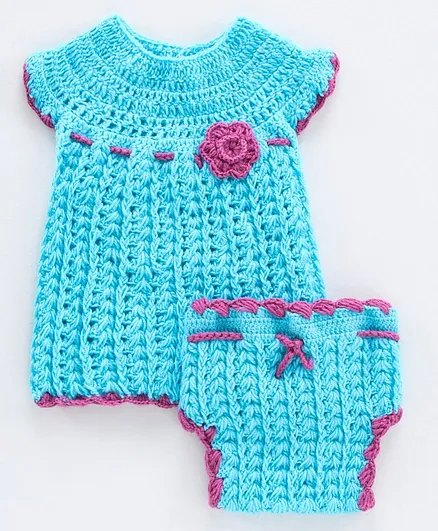 Richhandknits Cap Sleeves Handknitted Woollen Crotchet Dress with Bloomer Flower Applique - Blue