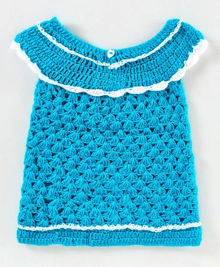 Richhandknits Short Sleeves Handknitted Woolen Dress Solid Color - Blue