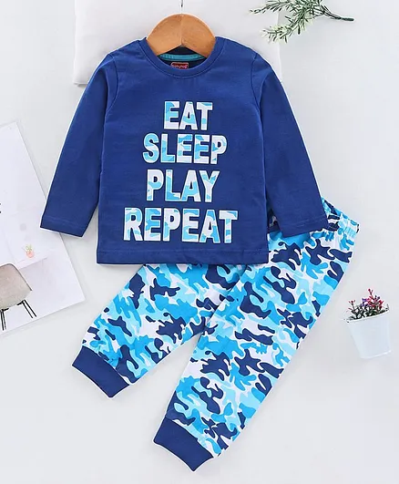 Babyhug Full Sleeves Bio Wash T-Shirt & Pajama Set Text Print - Blue