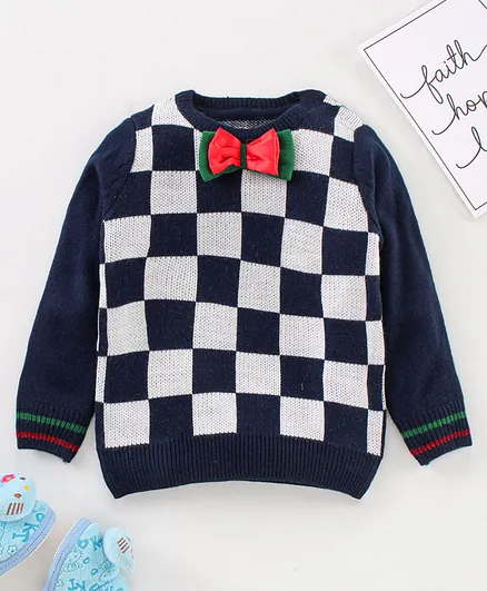 Yellow Apple Full Sleeves Checks Sweater With Bow - Navy Blue White