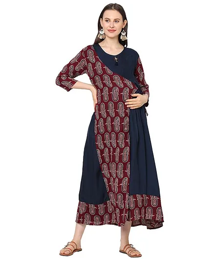 MOM'S BEE 3/4 Sleeves Printed Maternity Dress - Navy Blue