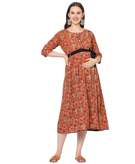 MOM'S BEE Three Fourth Sleeves Floral Printed Maternity Dress - Red