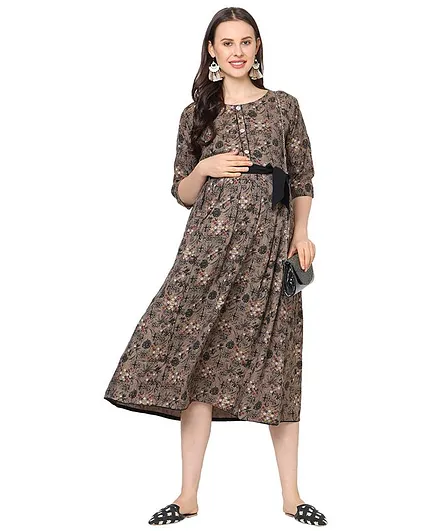 MOM'S BEE 3/4 Sleeves Printed Maternity Dress - Black