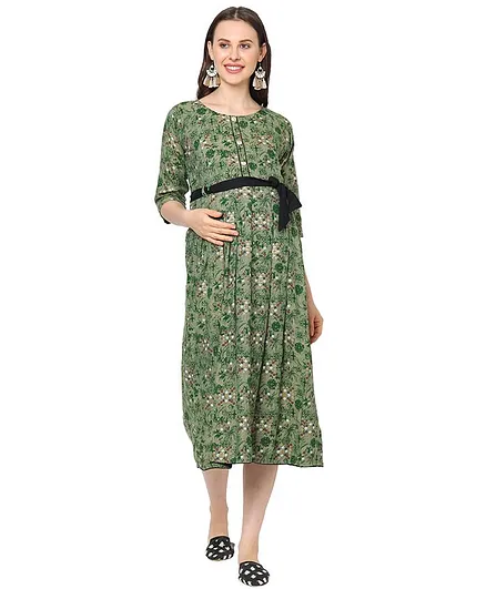 MOM'S BEE 3/4 Sleeves Printed Maternity Dress - Green