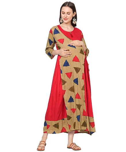 MOM'S BEE Three Fourth Sleeves Triangle Printed Maternity Dress - Red