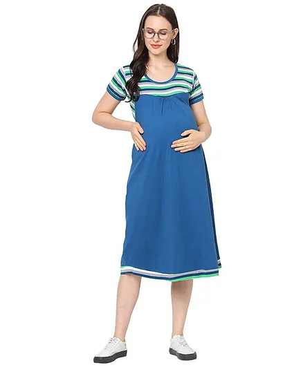 MOM'S BEE Half Sleeves Striped Maternity Dress - Royal Blue