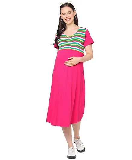 MOM'S BEE Half Sleeves Striped Maternity Dress - Pink