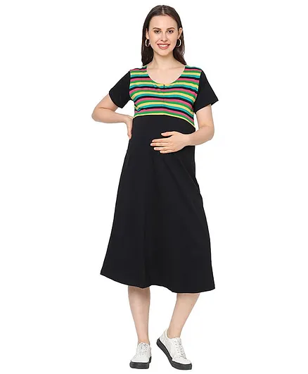 MOM'S BEE Half Sleeves Striped Maternity Dress - Black
