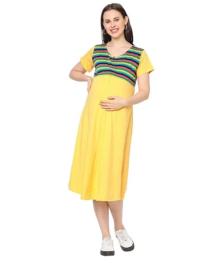MOM'S BEE Half Sleeves Striped Maternity Dress - Yellow