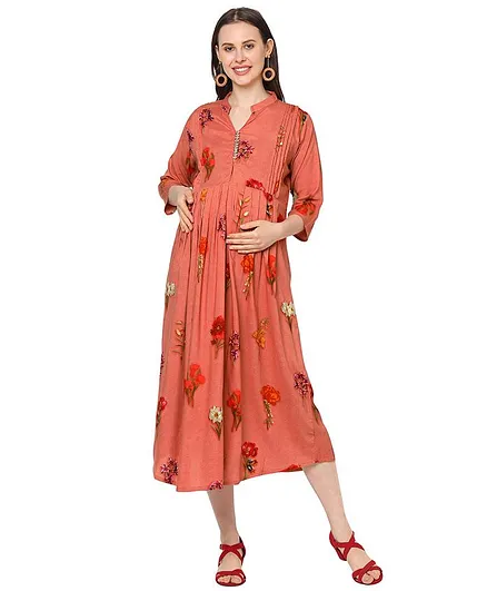 MOM'S BEE Three Fourth Sleeves Flower Printed Maternity Dress - Peach