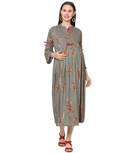 MOM'S BEE Three Fourth Sleeves Floral Printed Maternity Dress - Grey
