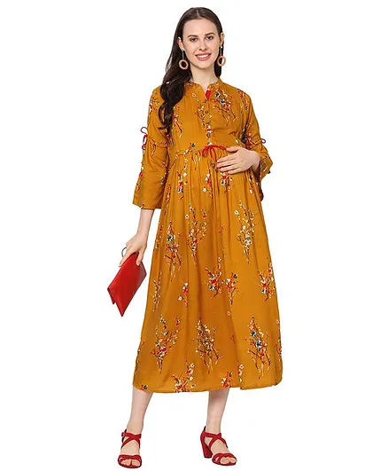 MOM'S BEE Three Fourth Sleeves Floral Printed Maternity Dress - Yellow