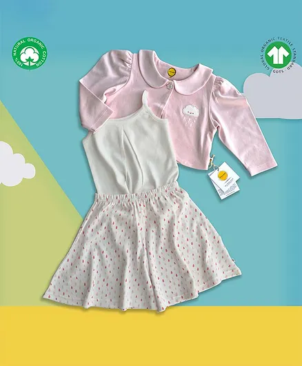 Pranava Organics Cotton Pack Of 3 Sleeveless Heart Print Dress With Jacket - Baby Pink