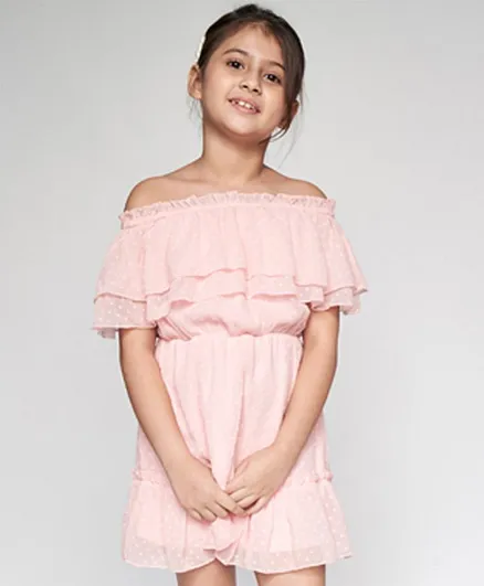 AND Girl Half Sleeves Off Shoulder Solid Color Dress - Pink