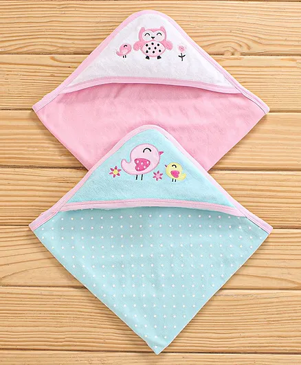 Babyhug Printed Hooded Towel Pack of 2 - Blue Pink