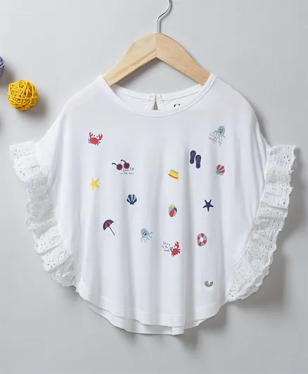 Ed-a-Mamma Short Sleeves Crab & Glasses Print Kimono Top - White