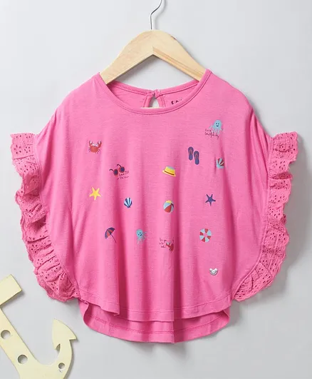 Ed-a-Mamma Short Sleeves Crab & Glasses Print Kimono Top - Pink