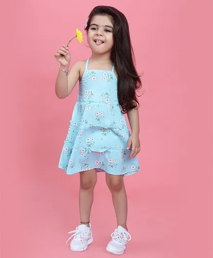 Taffy Aqua Tiered Sleeveless Floral Printed Dress - Blue
