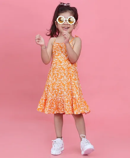 Taffy Orange Tie Up Sleeveless Floral Printed Dress - Orange