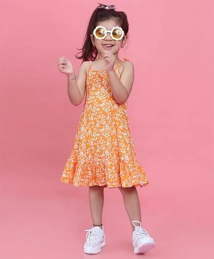 Taffy Orange Tie Up Sleeveless Floral Printed Dress - Orange