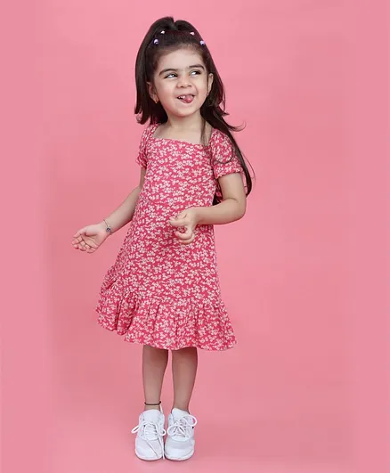 Taffy Pink Square Neck Short Sleeves Off Shoulder Floral Printed Dress - Pink