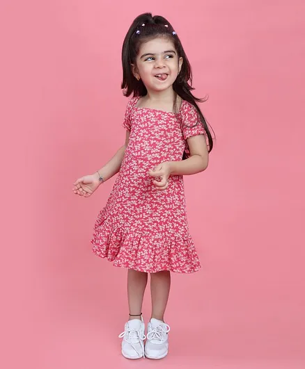 Taffy Pink Square Neck Short Sleeves Off Shoulder Floral Printed Dress - Pink
