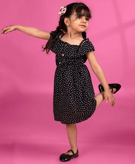 Taffy Black Short Sleeves Cold Shoulder Polka Dotted Dress - Black