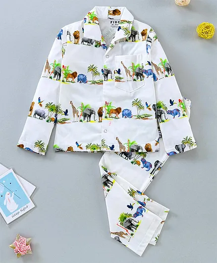 Fido Full Sleeves Shirt With Pajama Set Animal Print - White