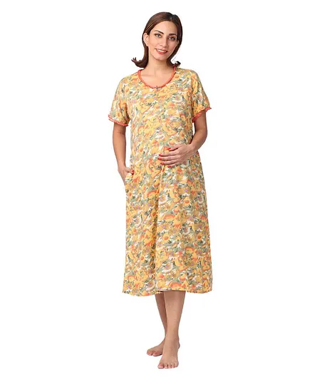 Morph Maternity Short Sleeves Floral Print Feeding Nighty With Vertical Nursing - Yellow